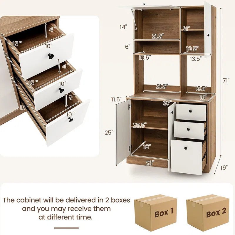 Microwave Stands: 71" Large Kitchen Buffet Cabinet – Freestanding Pantry with Microwave Shelf & 3 Storage Drawers