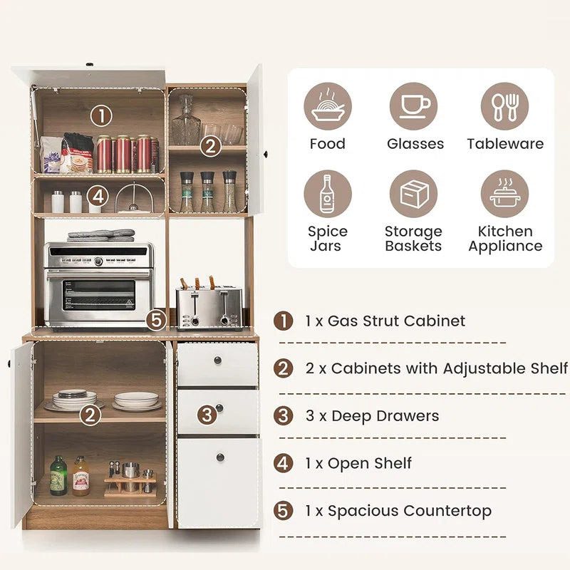 Microwave Stands: 71" Large Kitchen Buffet Cabinet – Freestanding Pantry with Microwave Shelf & 3 Storage Drawers