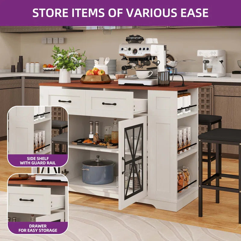 Kitchen Island Table: Large Portable Kitchen Island with Drop Leaf, Stools & Power Outlet