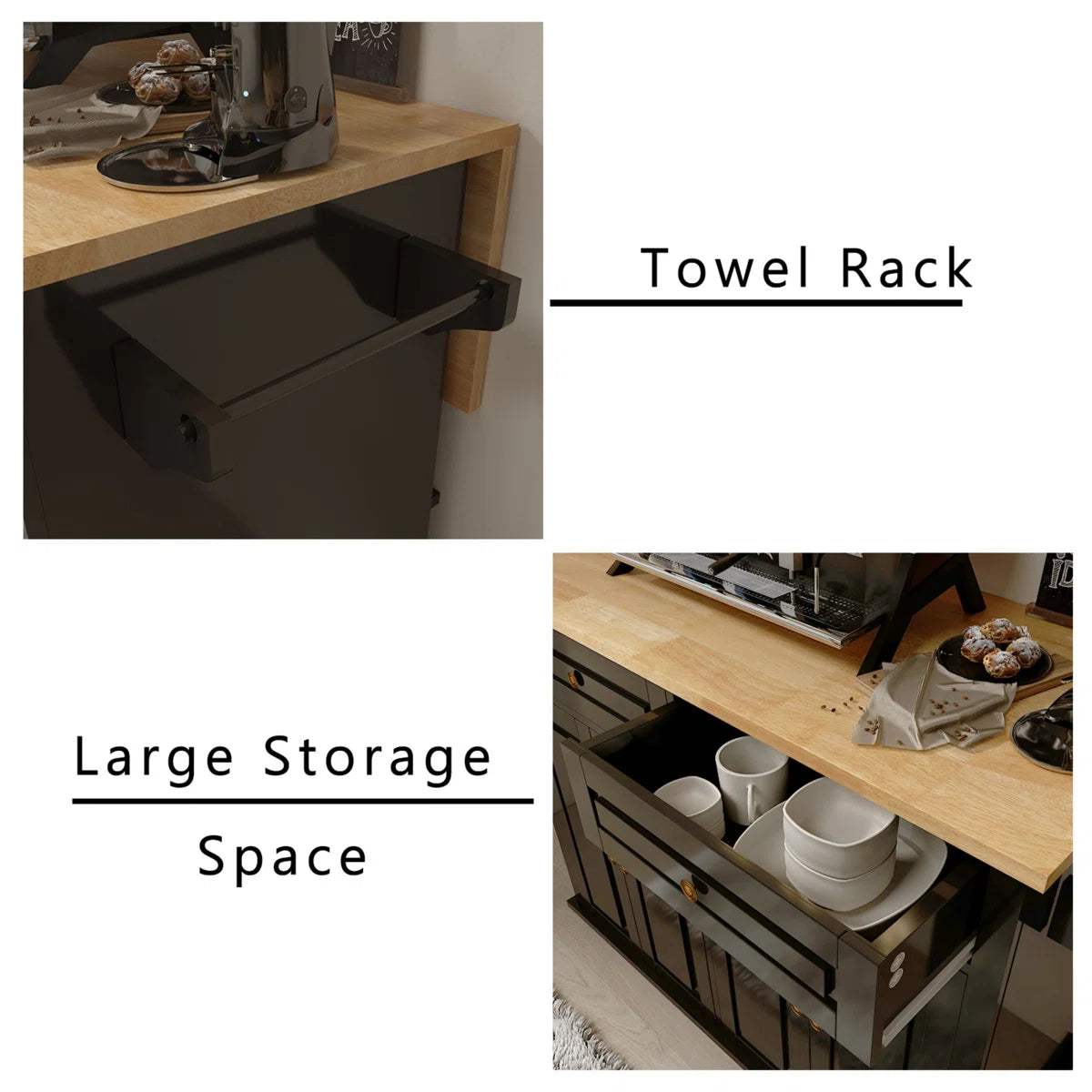 Kitchen Island Table Cart with Drop-Leaf, Adjustable Shelves & Lockable Wheels