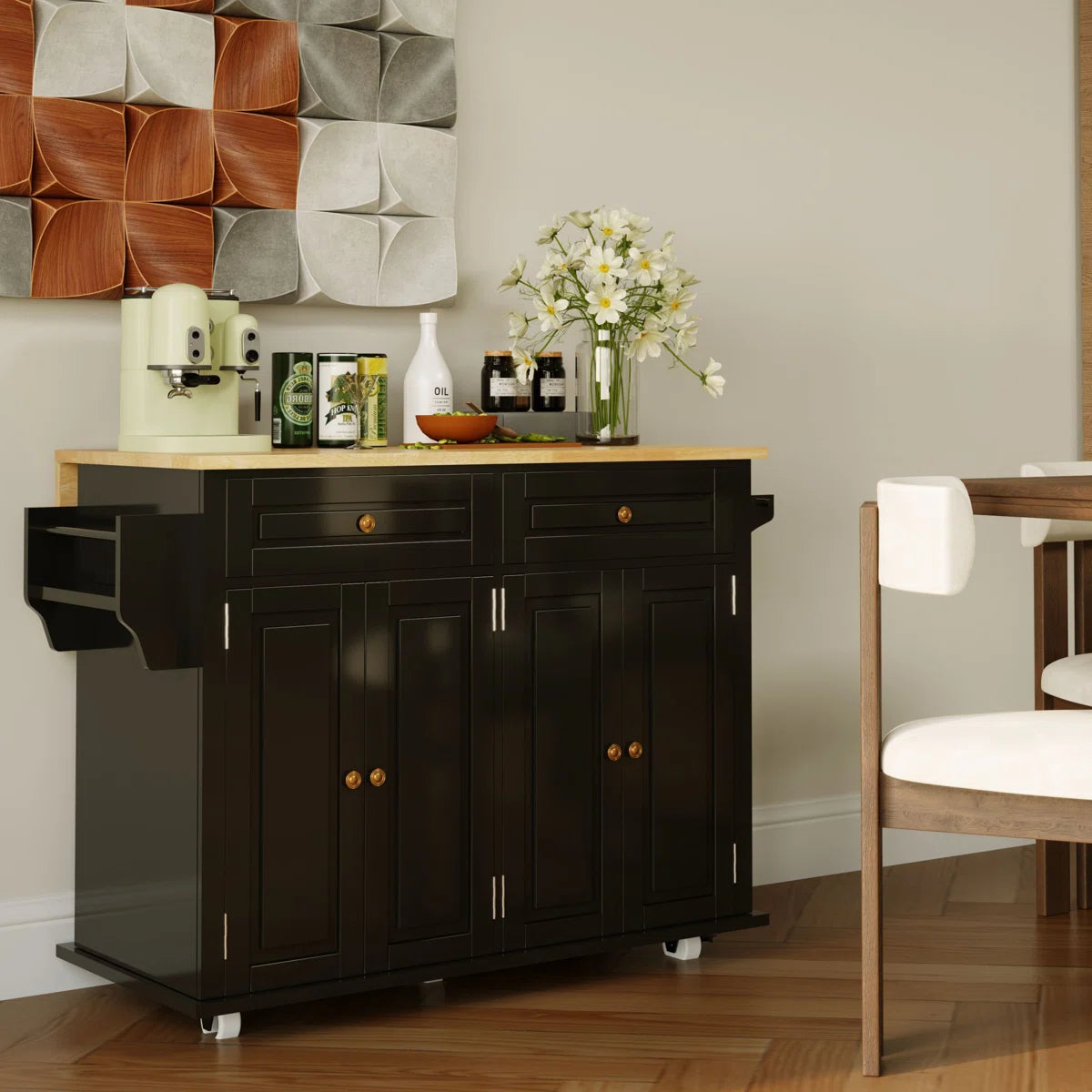 Kitchen Island Table Cart with Drop-Leaf, Adjustable Shelves & Lockable Wheels