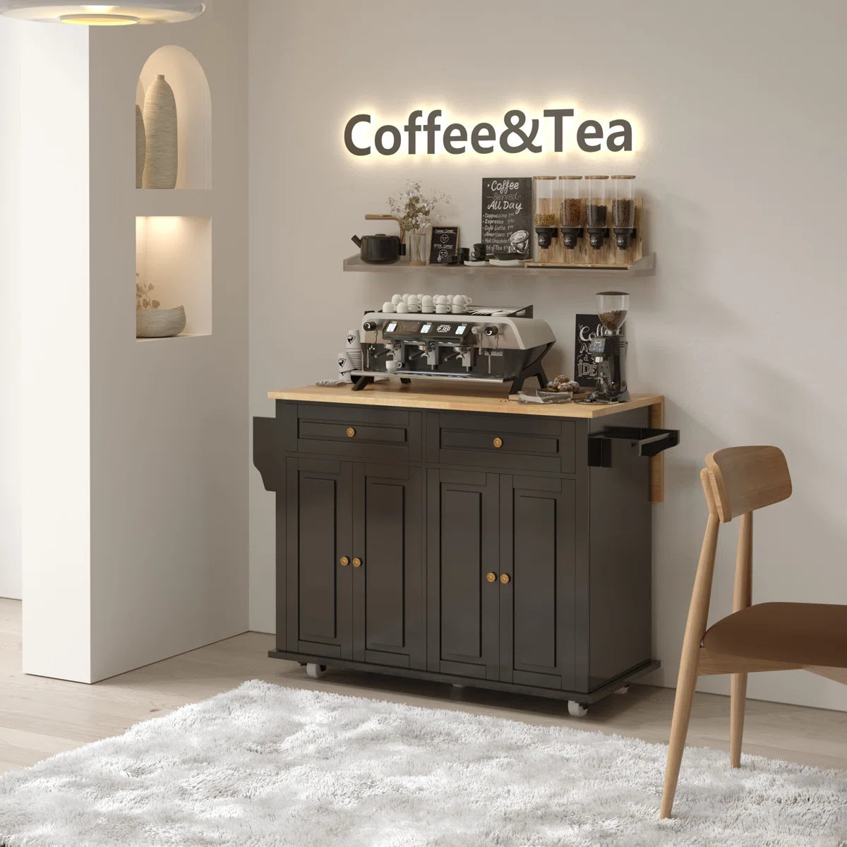 Kitchen Island Table Cart with Drop-Leaf, Adjustable Shelves & Lockable Wheels