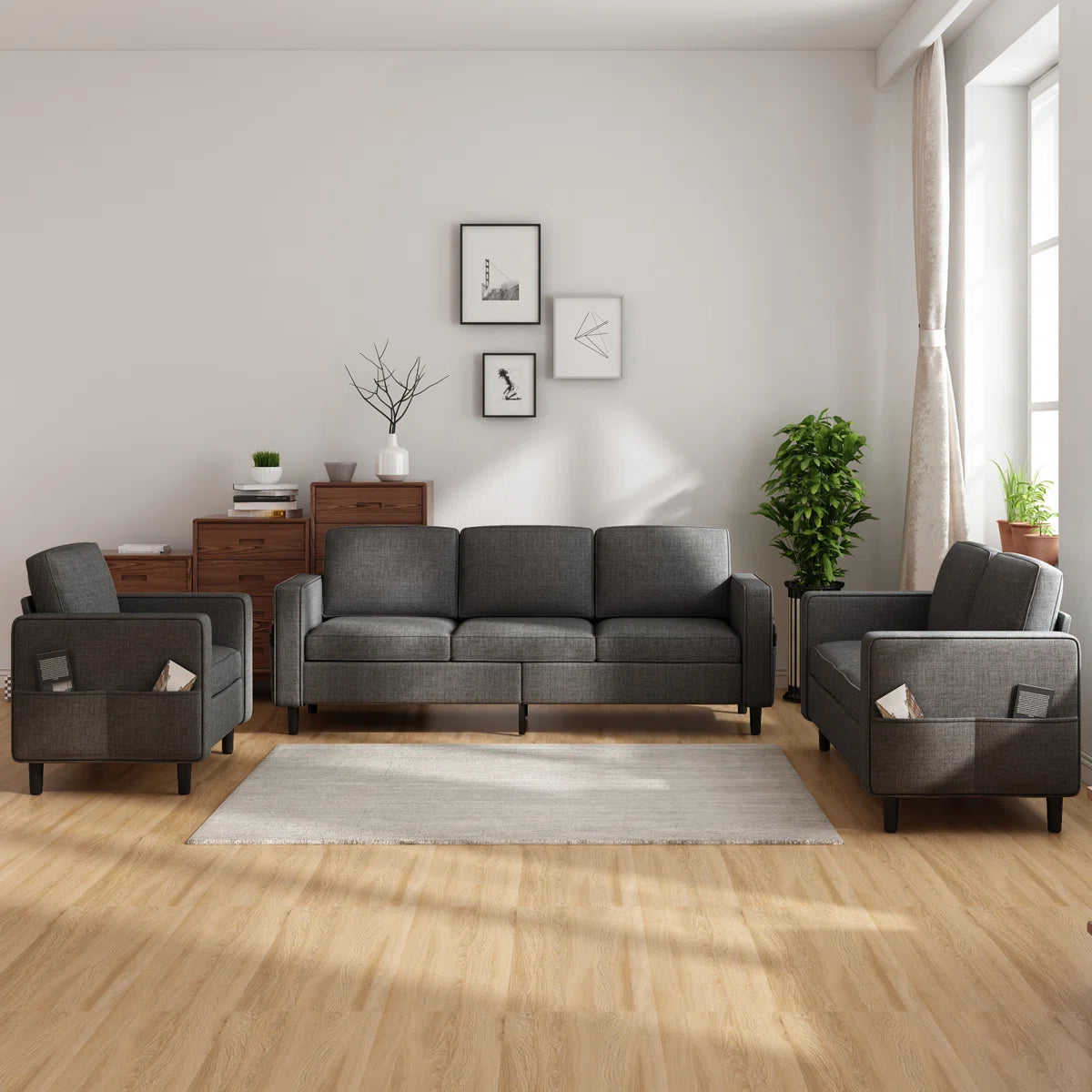 7 Seater Sofa Set: 4-Pcs Convertible Linen Upholstered Sofa Set with Storage Ottoman