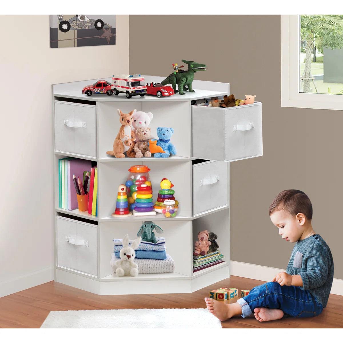 Kids Toy Storage Unit: Corner Cubby Storage with 9 Shelves and 4 Bins