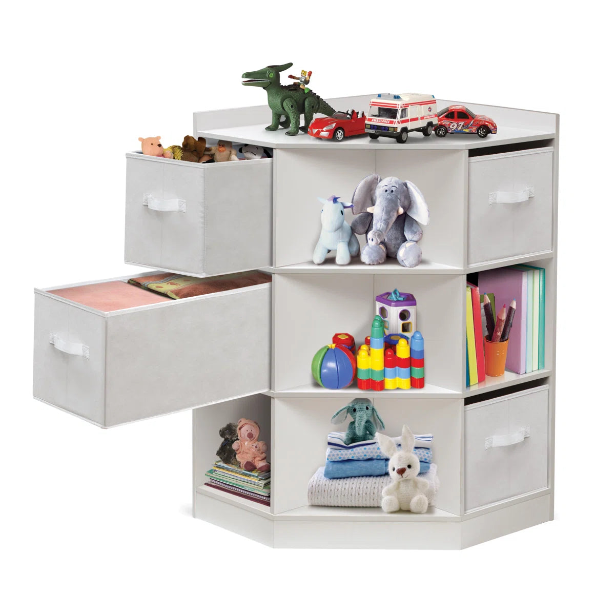 Kids Toy Storage Unit: Corner Cubby Storage with 9 Shelves and 4 Bins