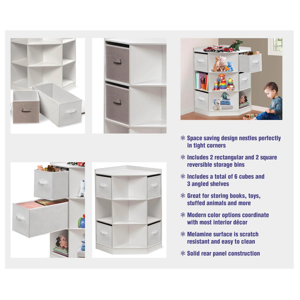 Kids Toy Storage Unit: Corner Cubby Storage with 9 Shelves and 4 Bins