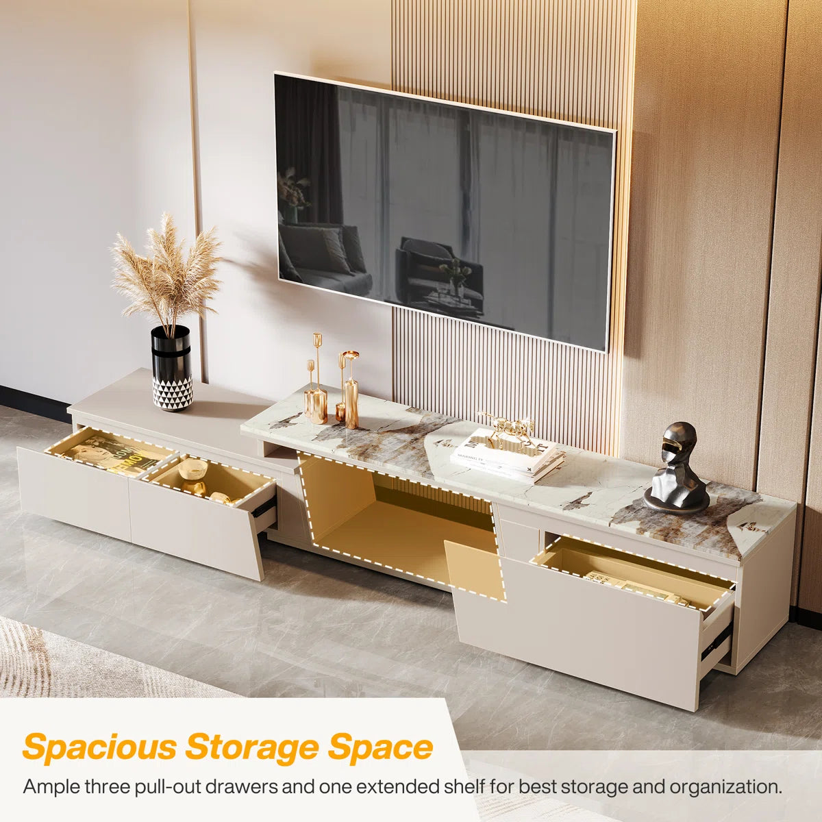 tv panel: Extendable tv panel fits up to 100", adjusts from 70.9–105" wide