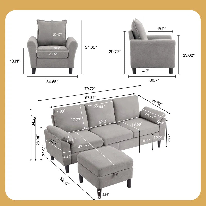 Luxury Sofa Sets: 3-Piece Modern Sectional Sofa Set– Washable Covers & Storage Pockets