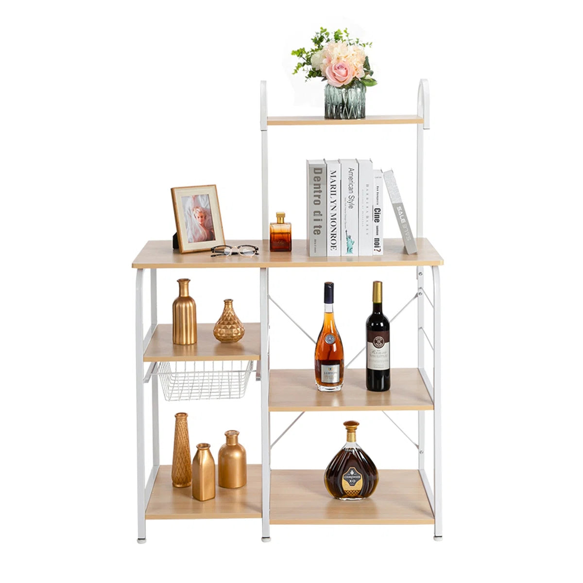 Kitchen Racks: 35.5" beige kitchen rack, 4-tier 3-Tier utility shelf with hooks and spice organizer