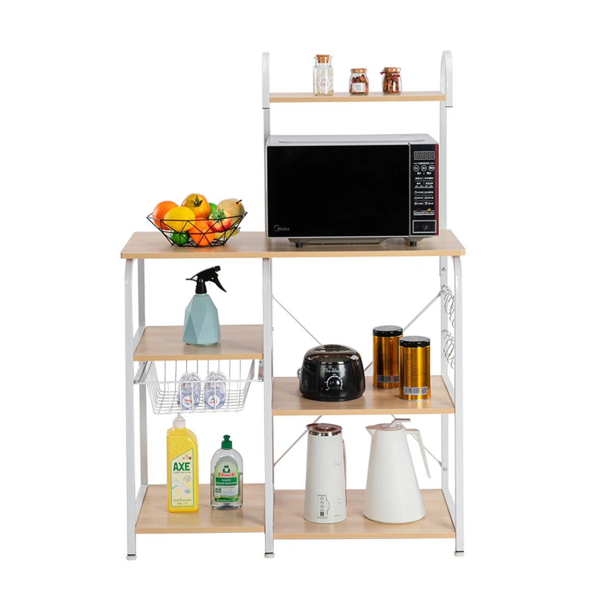 Kitchen Racks: 35.5" beige kitchen rack, 4-tier 3-Tier utility shelf with hooks and spice organizer