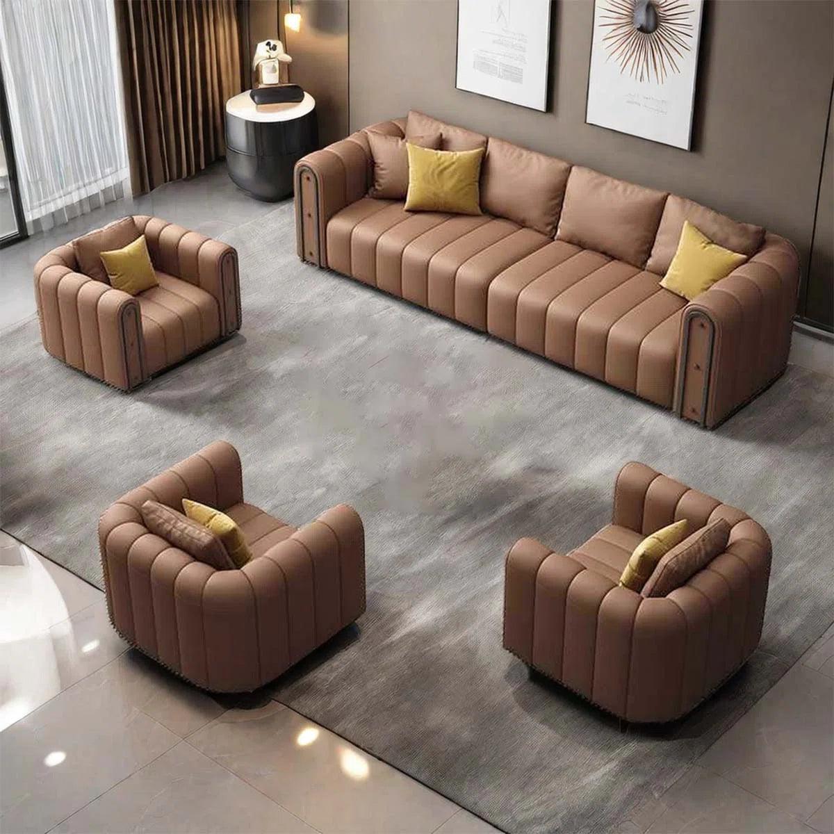 7 Seater Sofa Set: 4-Piece Faux Leather Living Room Furniture for Stylish