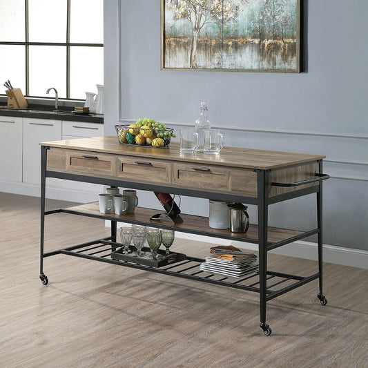 Kitchen Island Table: Rectangular Rolling Cart with 3 Drawers & 2-Tier Shelf Storage