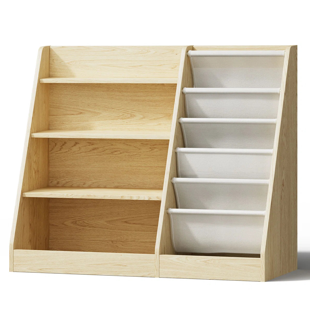 Kids Toy Storage Unit: 31.5'' H Wooden Book Rack with 4 Tiers and Sling Pockets