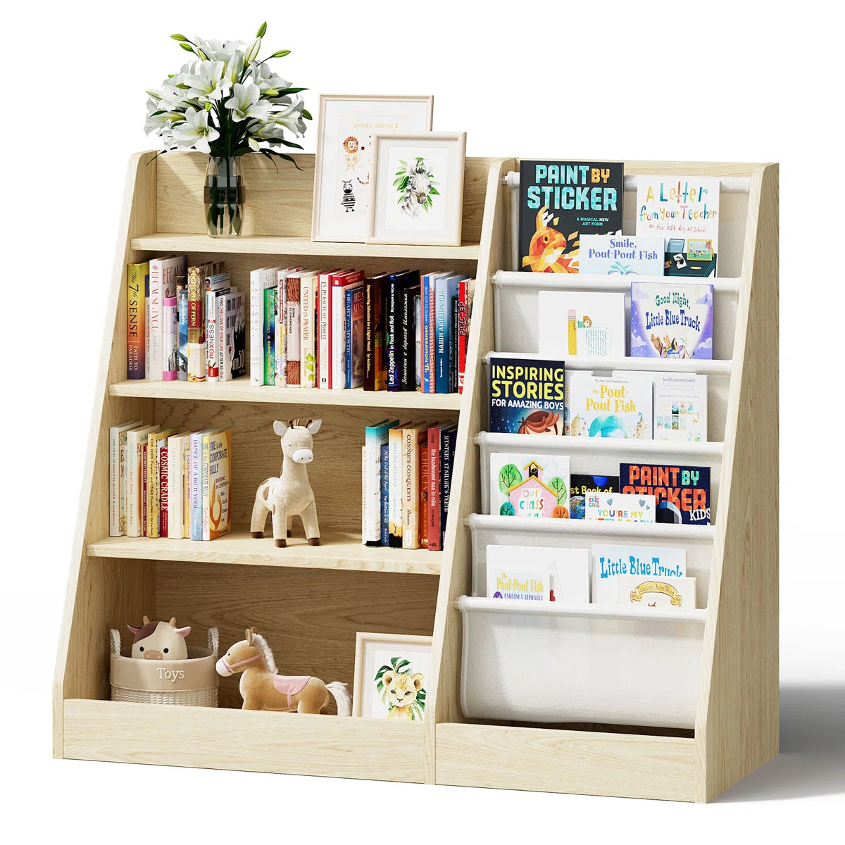 Kids Toy Storage Unit: 31.5'' H Wooden Book Rack with 4 Tiers and Sling Pockets