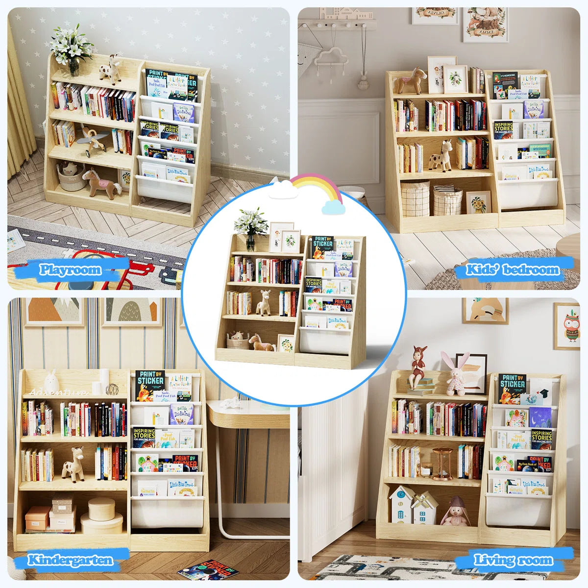 Kids Toy Storage Unit: 31.5'' H Wooden Book Rack with 4 Tiers and Sling Pockets