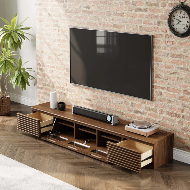 tv panel: Fully Assembled Minimalist TV Console with Drawers and Flip-down Door