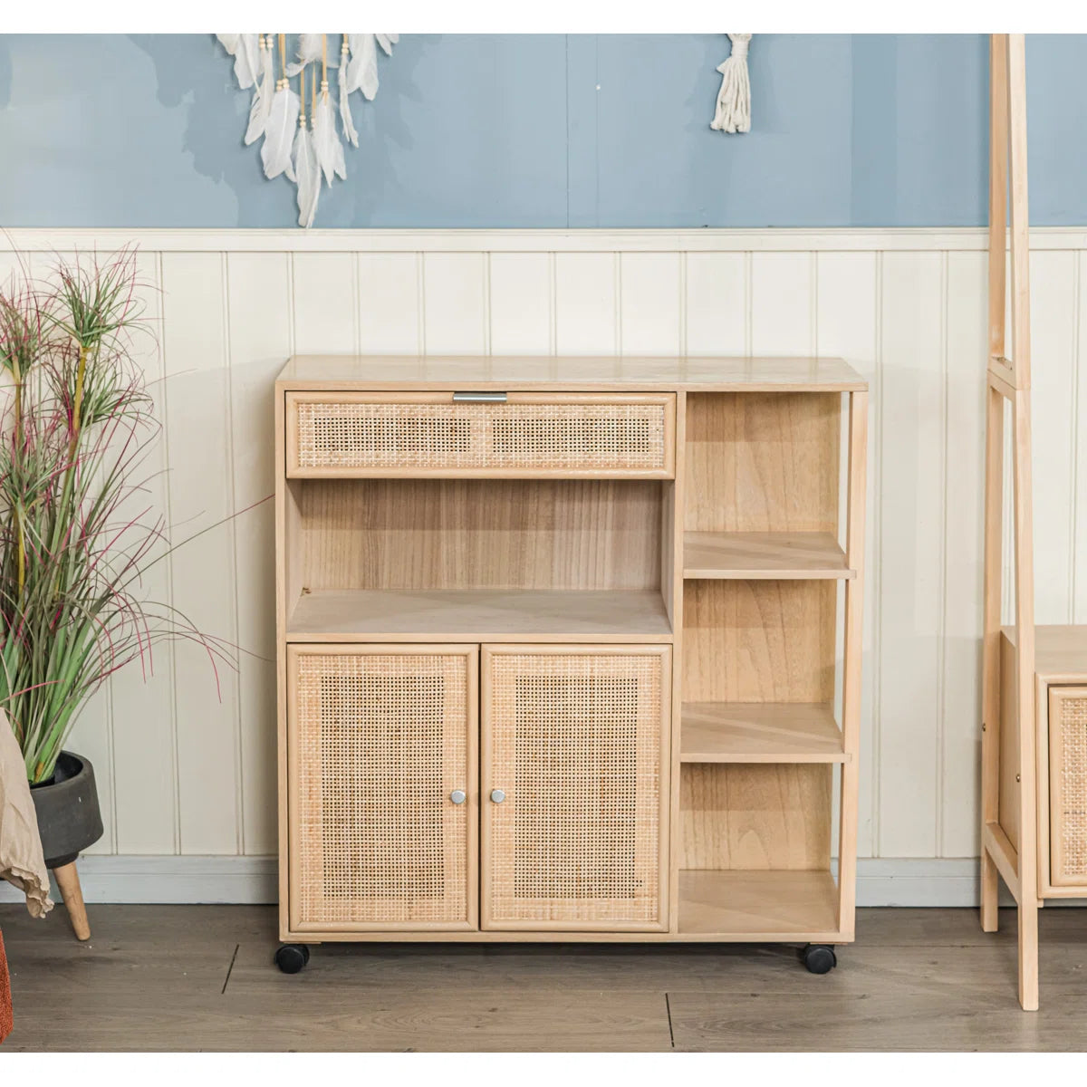 Kitchen Island Table: 30.8'' Wide Marisha Utility Trolley with Rattan Shelves & Wheels