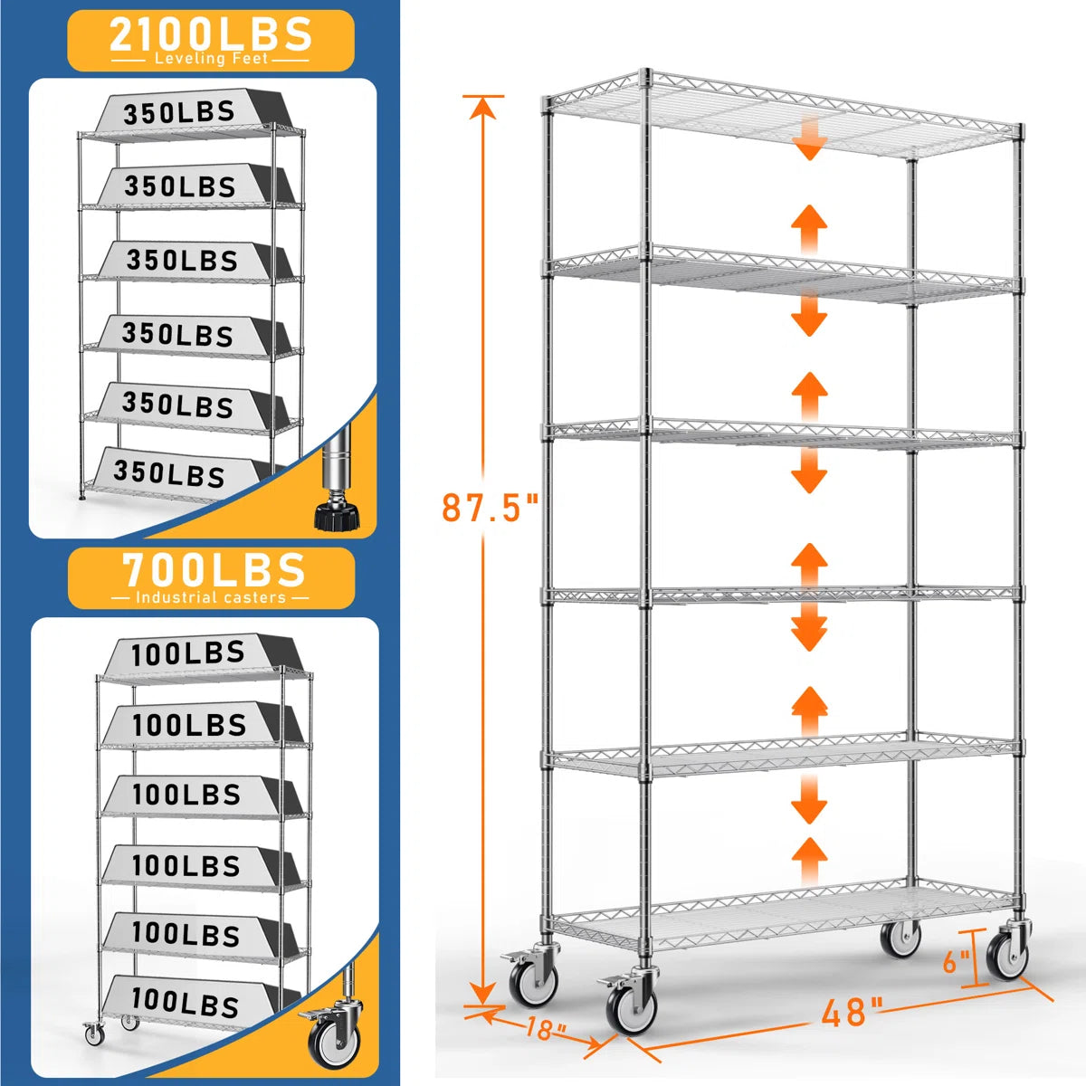 Kitchen Racks: Adjustable 6-tier Steel Wire Shelving Unit With Wheels