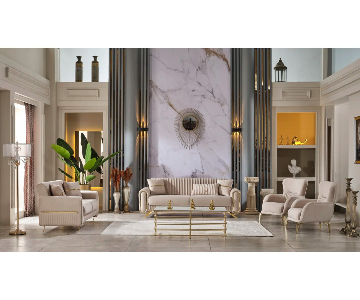 Luxury Sofa Sets: 87'' Wide Velvet 4-Piece Sofa Set with Loveseat and 2 Chairs in Beige or Grey Finish