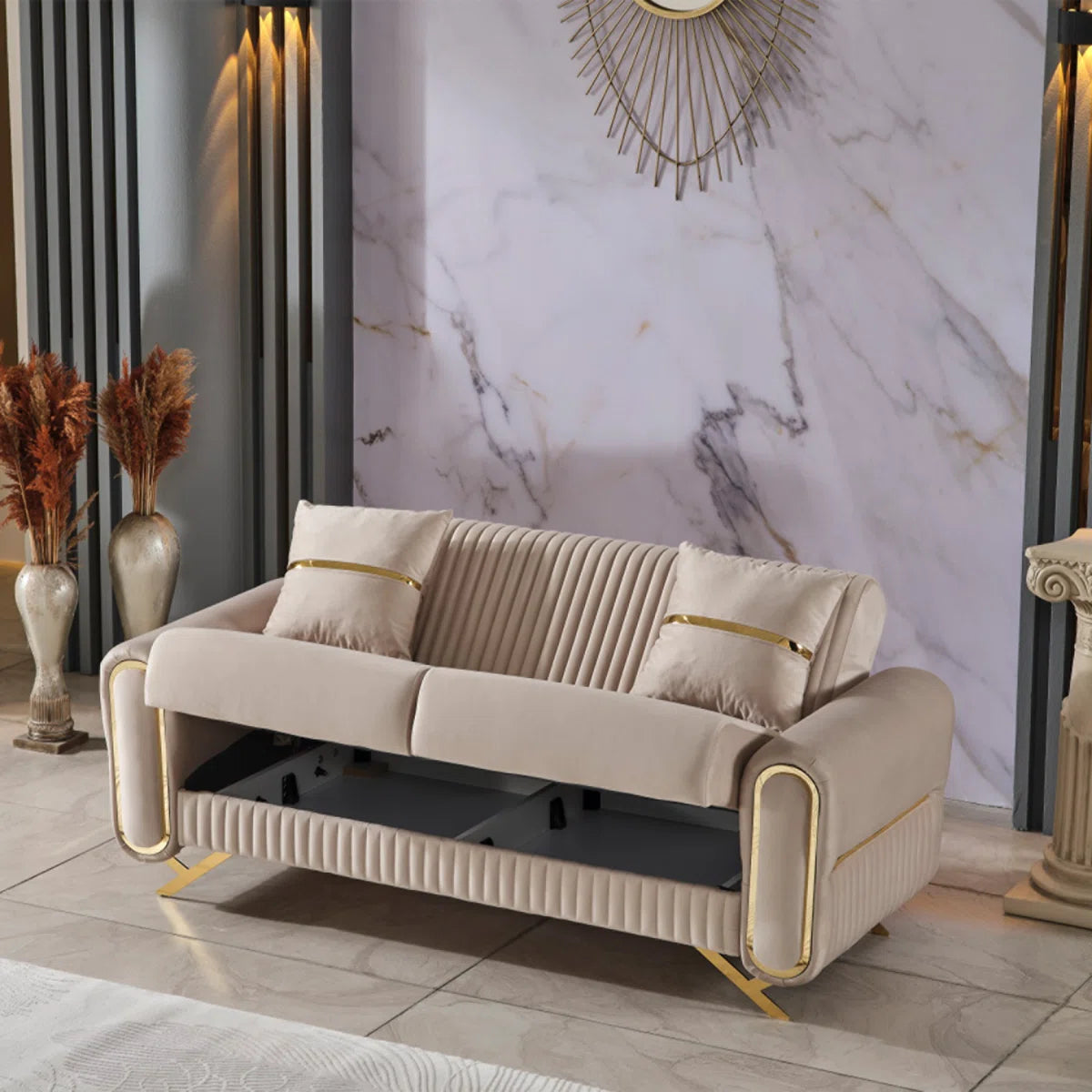 Luxury Sofa Sets: 87'' Wide Velvet 4-Piece Sofa Set with Loveseat and 2 Chairs in Beige or Grey Finish