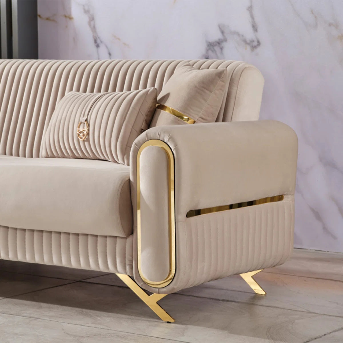 Luxury Sofa Sets: 87'' Wide Velvet 4-Piece Sofa Set with Loveseat and 2 Chairs in Beige or Grey Finish