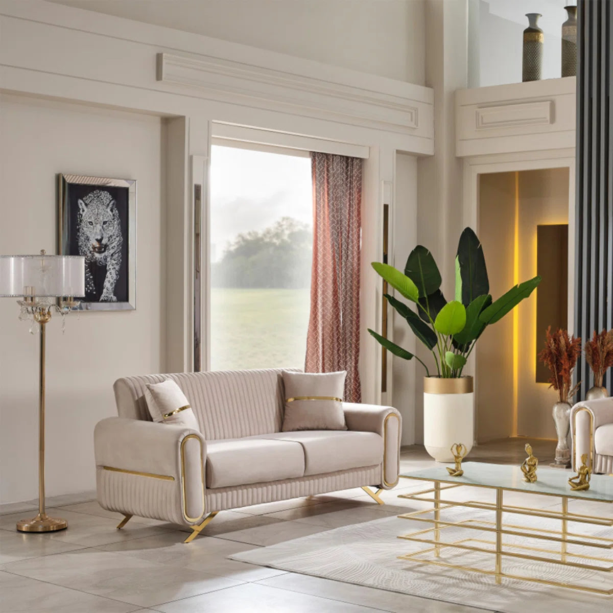 Luxury Sofa Sets: 87'' Wide Velvet 4-Piece Sofa Set with Loveseat and 2 Chairs in Beige or Grey Finish