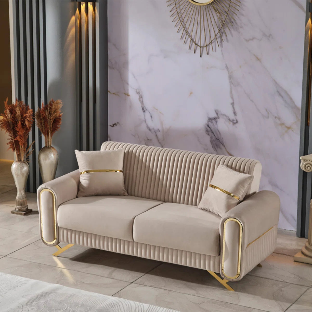 Luxury Sofa Sets: 87'' Wide Velvet 4-Piece Sofa Set with Loveseat and 2 Chairs in Beige or Grey Finish