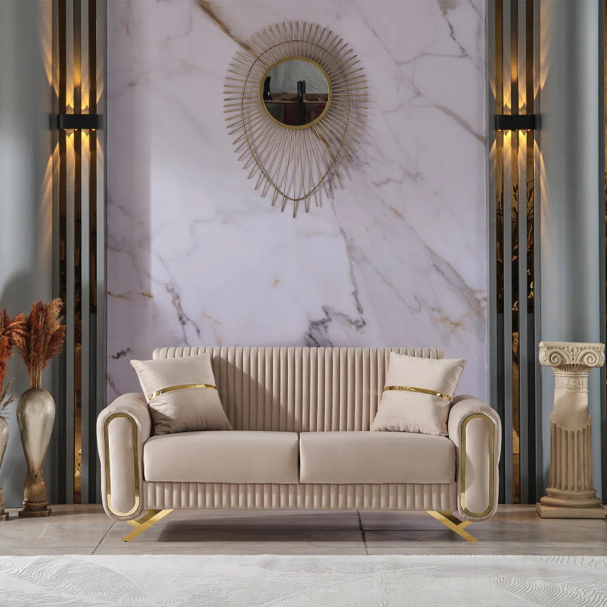 Luxury Sofa Sets: 87'' Wide Velvet 4-Piece Sofa Set with Loveseat and 2 Chairs in Beige or Grey Finish
