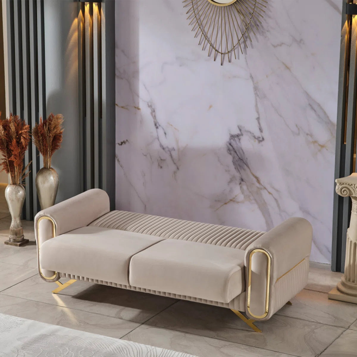 Luxury Sofa Sets: 87'' Wide Velvet 4-Piece Sofa Set with Loveseat and 2 Chairs in Beige or Grey Finish