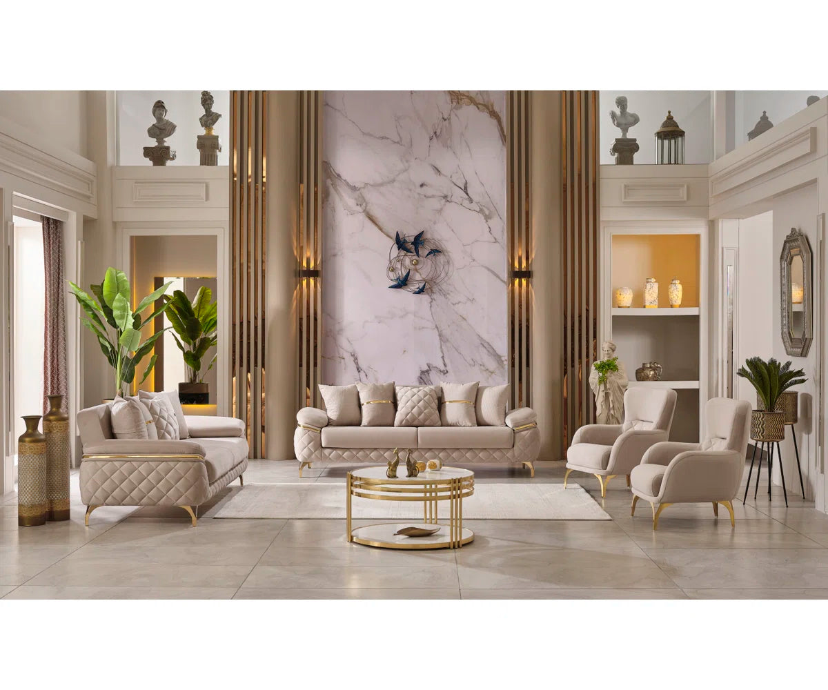 Luxury Sofa Sets: 4-Piece Velvet Sofa & Chair Set with Gold Legs and Storage – Cream