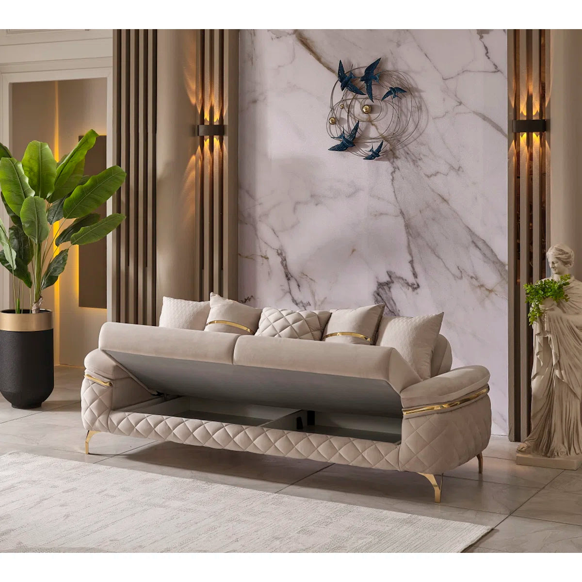 Luxury Sofa Sets: 4-Piece Velvet Sofa & Chair Set with Gold Legs and Storage – Cream