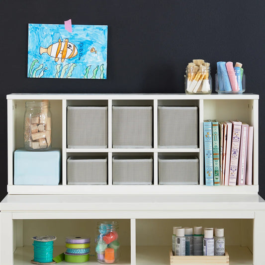 Kids Toy Storage Unit: 13'' Wide Pine & MDF Tabletop Organiser with 6 Woven Bins