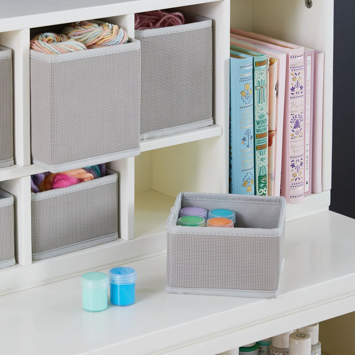 Kids Toy Storage Unit: 13'' Wide Pine & MDF Tabletop Organiser with 6 Woven Bins