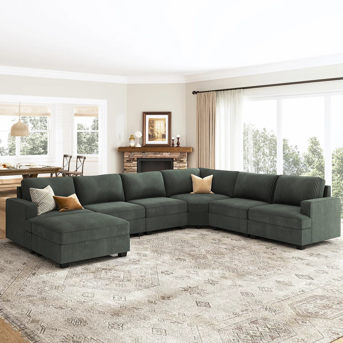 7 Seater Sofa Set: U-Shaped Corduroy Modular Sectional Sofa Set