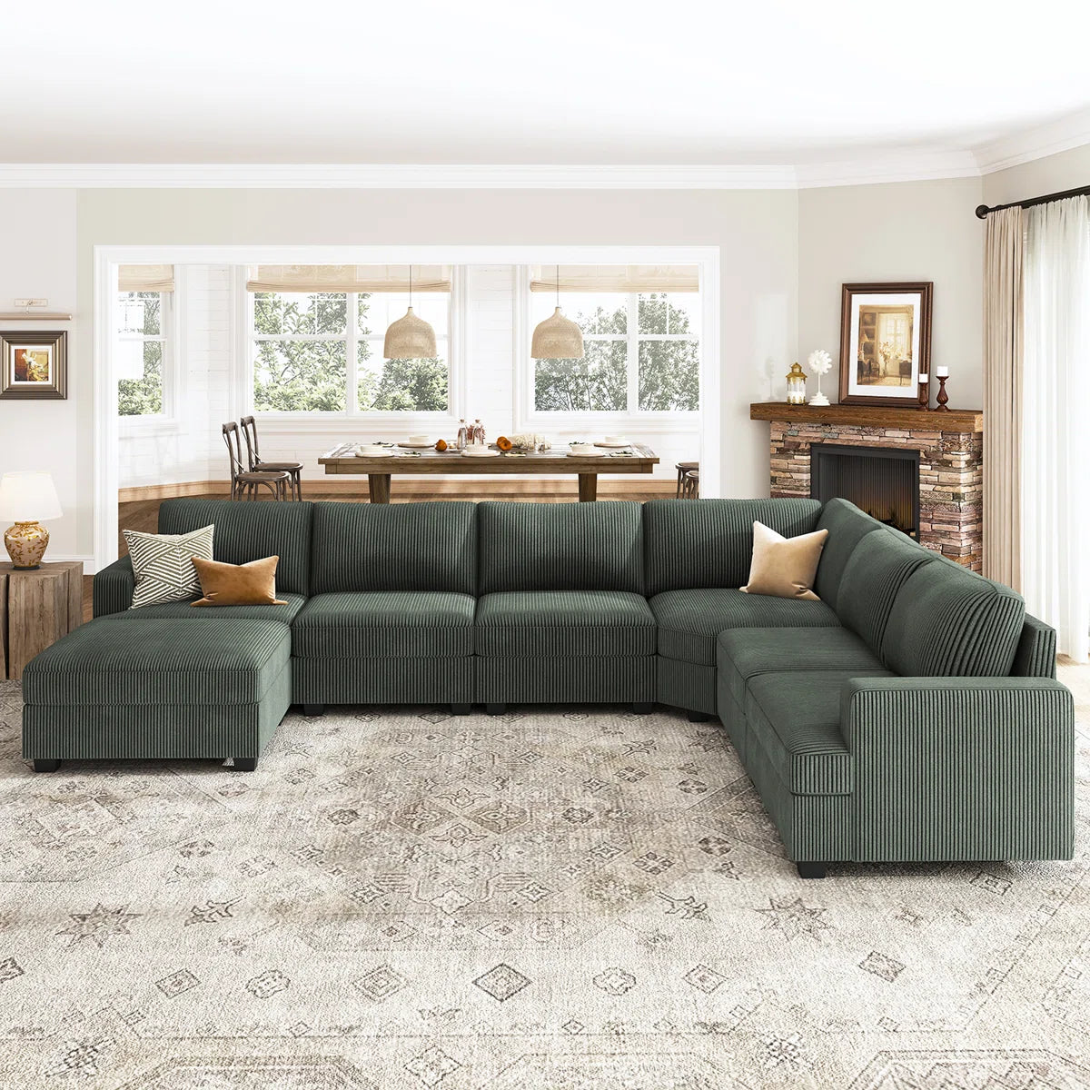 7 Seater Sofa Set: U-Shaped Corduroy Modular Sectional Sofa Set