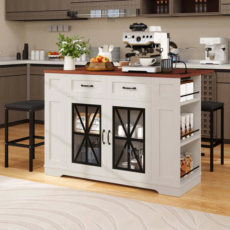 Kitchen Island Table: Rolling Drop-Leaf Island with Storage, Power Outlet & 2 Stools