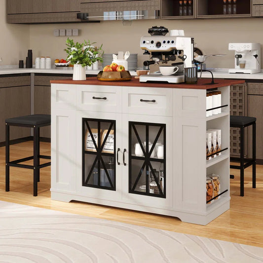 Kitchen Island Table: Rolling Drop-Leaf Island with Storage, Power Outlet & 2 Stools