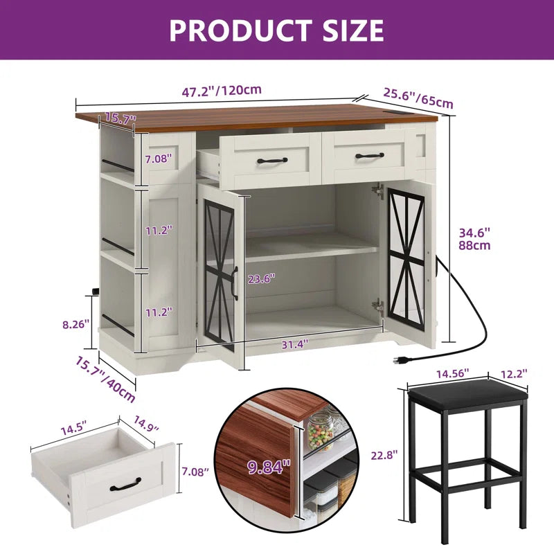 Kitchen Island Table: Rolling Drop-Leaf Island with Storage, Power Outlet & 2 Stools