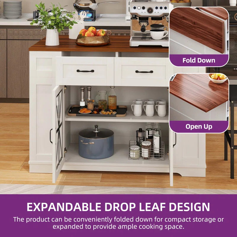 Kitchen Island Table: Rolling Drop-Leaf Island with Storage, Power Outlet & 2 Stools