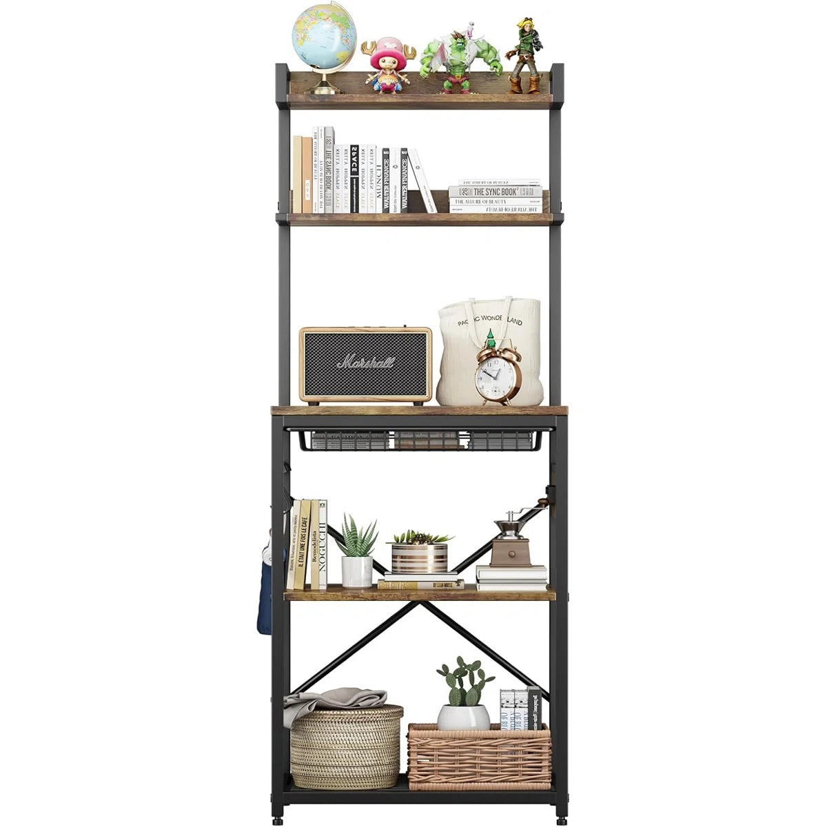 Kitchen Racks: Rustic Industrial Kitchen Storage Rack with Hooks and Microwave Shelf
