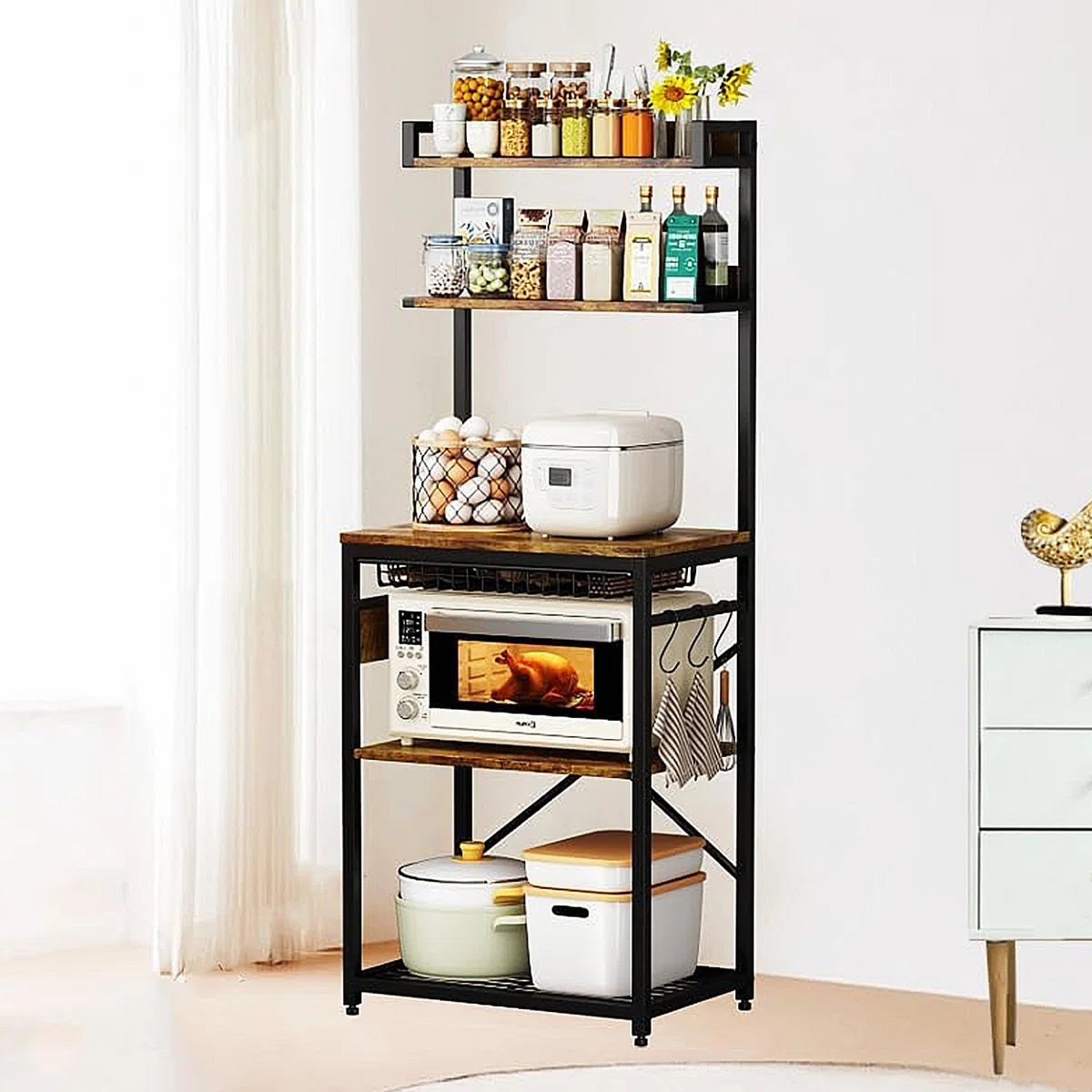 Kitchen Racks: Rustic Industrial Kitchen Storage Rack with Hooks and Microwave Shelf