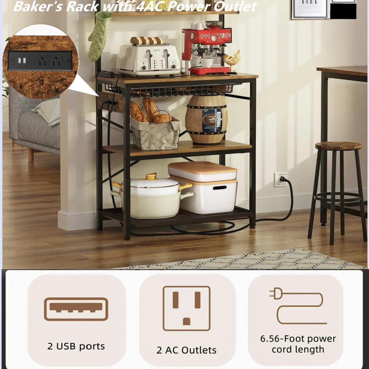 Kitchen Racks: Rustic Industrial Kitchen Storage Rack with Hooks and Microwave Shelf