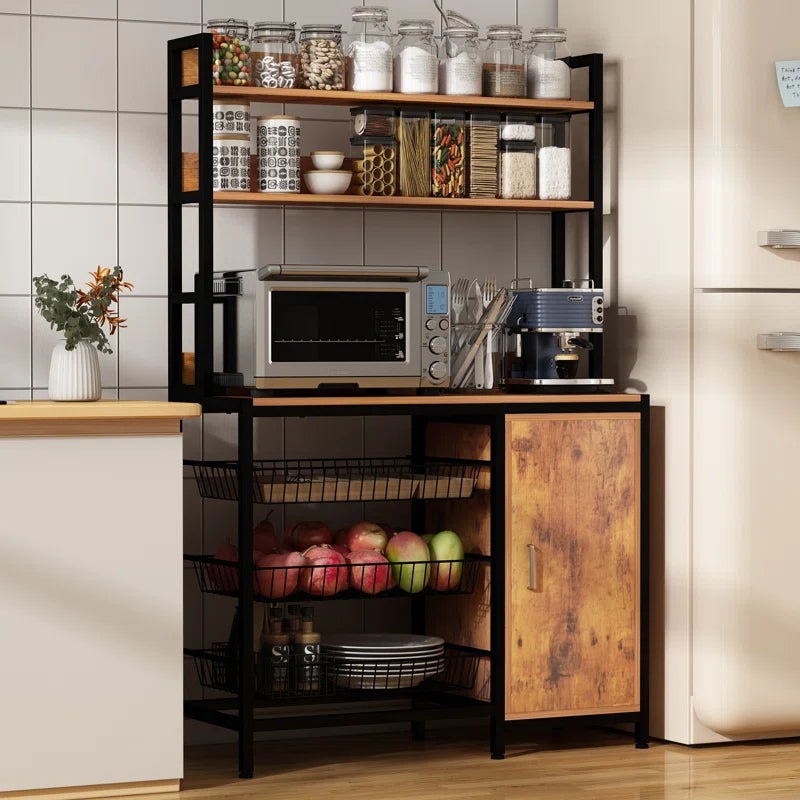 Kitchen Rack: Microwave Shelf Rack and Kitchen Bakers Rack with 3 Metal Baskets and Storage Cabinet