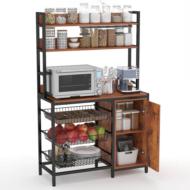 Kitchen Rack: Microwave Shelf Rack and Kitchen Bakers Rack with 3 Metal Baskets and Storage Cabinet