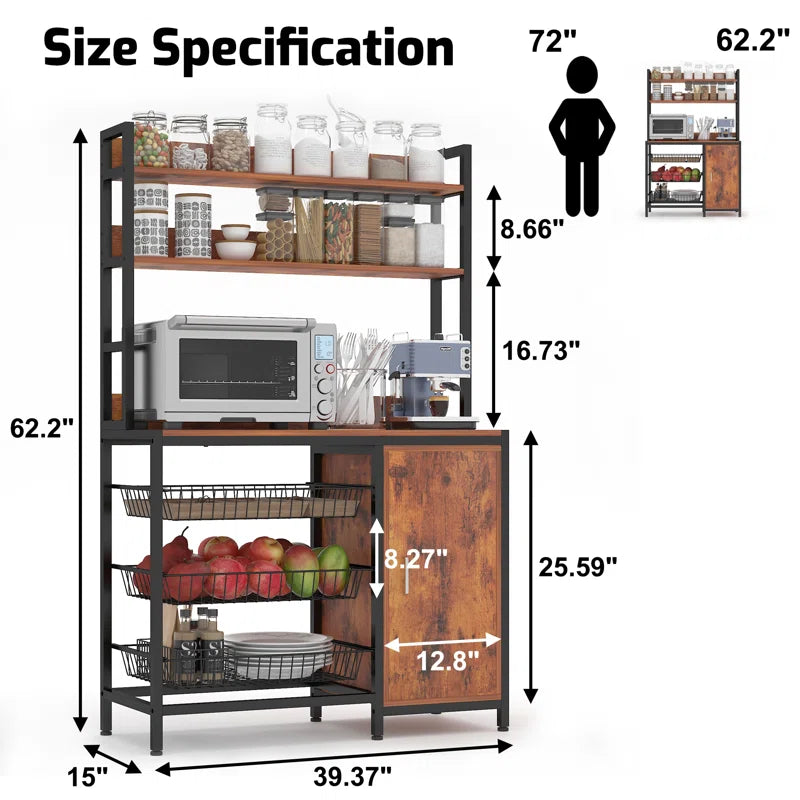 Kitchen Rack: Microwave Shelf Rack and Kitchen Bakers Rack with 3 Metal Baskets and Storage Cabinet