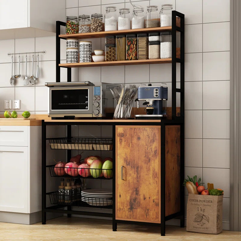 Kitchen Rack: Microwave Shelf Rack and Kitchen Bakers Rack with 3 Metal Baskets and Storage Cabinet