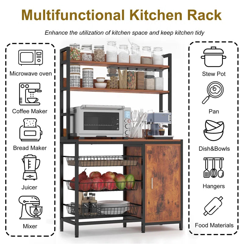 Kitchen Rack: Microwave Shelf Rack and Kitchen Bakers Rack with 3 Metal Baskets and Storage Cabinet