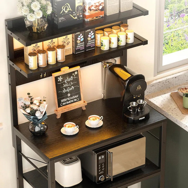 Kitchen Rack: Microwave Stand, Bar Station with Led Lights, Kitchen Storage Shelf, and Bakers Rack with Power Outlet
