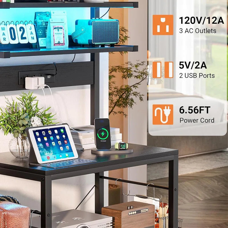 Kitchen Rack: Microwave Stand, Bar Station with Led Lights, Kitchen Storage Shelf, and Bakers Rack with Power Outlet