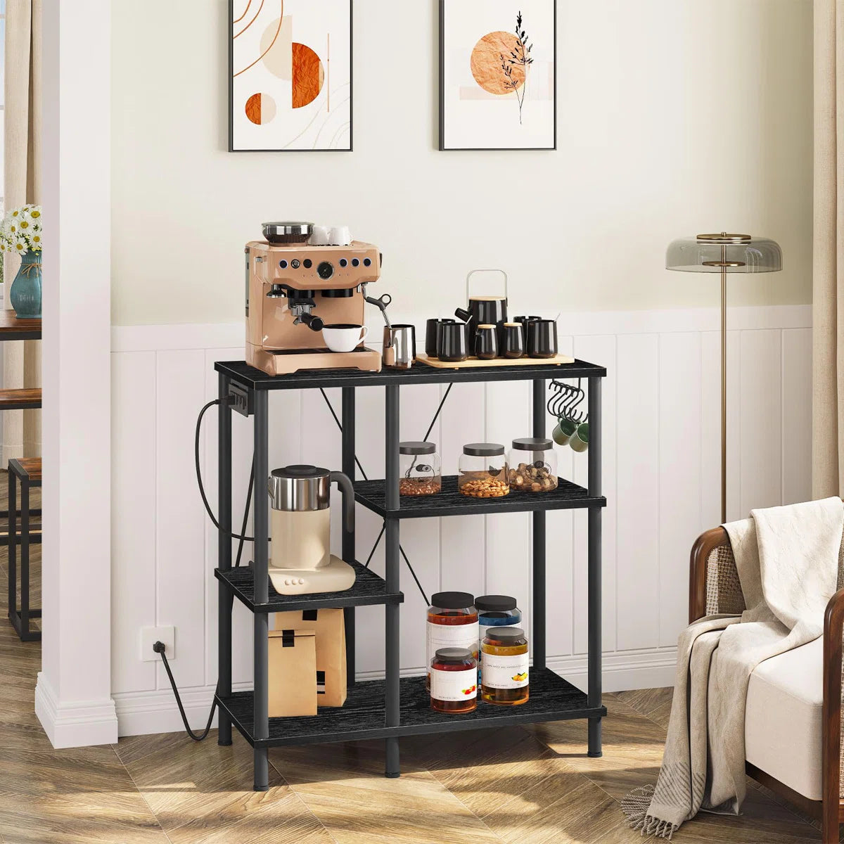 Kitchen Rack: Microwave Stand with 5 S-Shaped Hooks Kitchen Storage Shelf